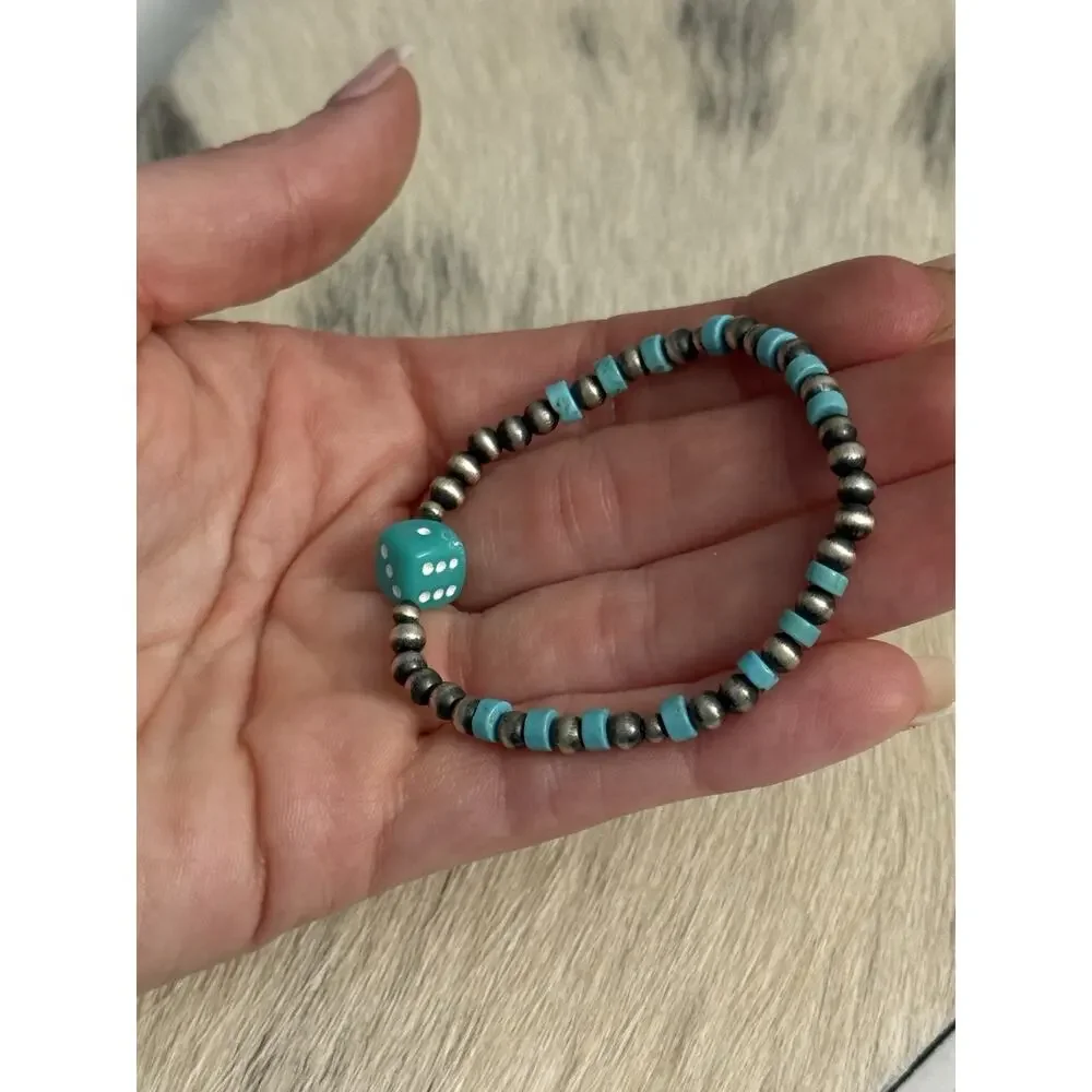 Native American Sterling Silver Navajo Pearl Turquoise Stretch Bracelet Dice